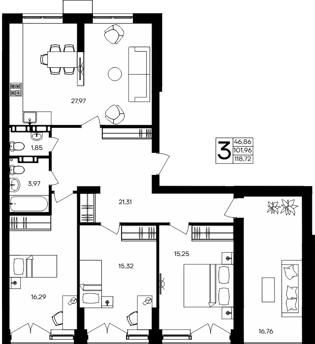 3-к, 118.72 м² · Семисчастье