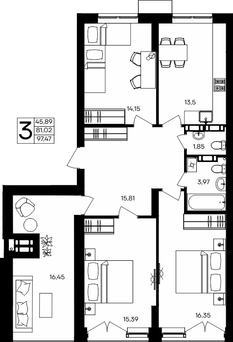 3-к, 97.47 м² · Семисчастье