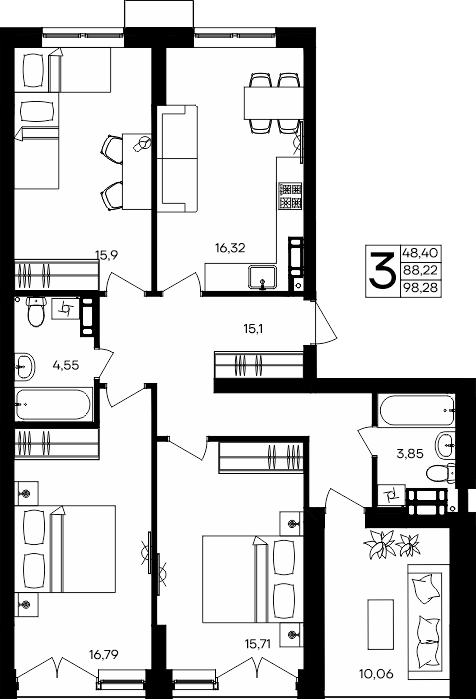 3-к, 98.28 м² · Семисчастье