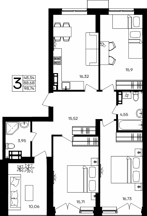 3-к, 98.74 м² · Семисчастье