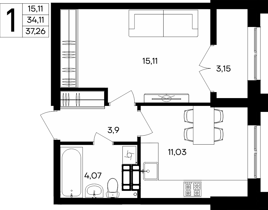 1-к, 37.26 м² · Семисчастье