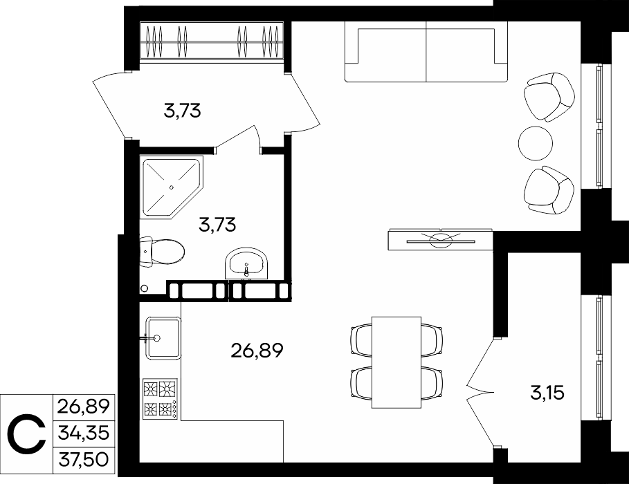 Студия, 37.5 м² · Семисчастье