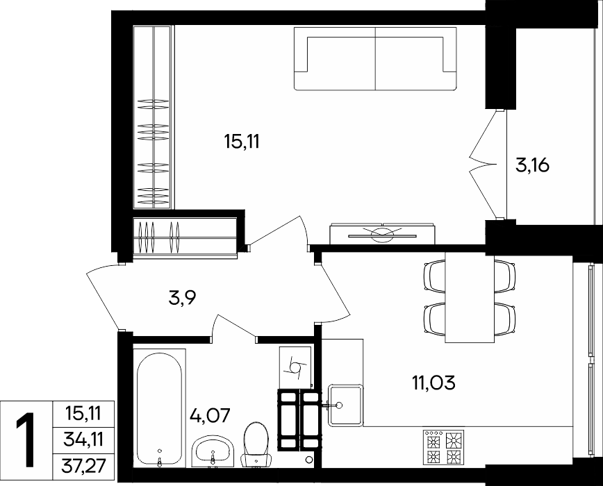 1-к, 37.27 м² · Семисчастье