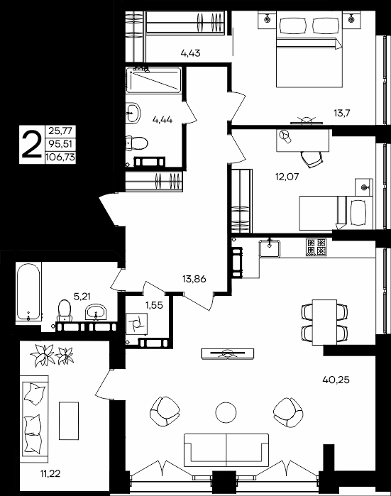 2-к, 106.73 м² · Семисчастье