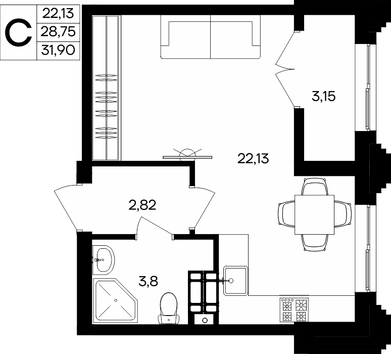 Студия, 31.9 м² · Семисчастье