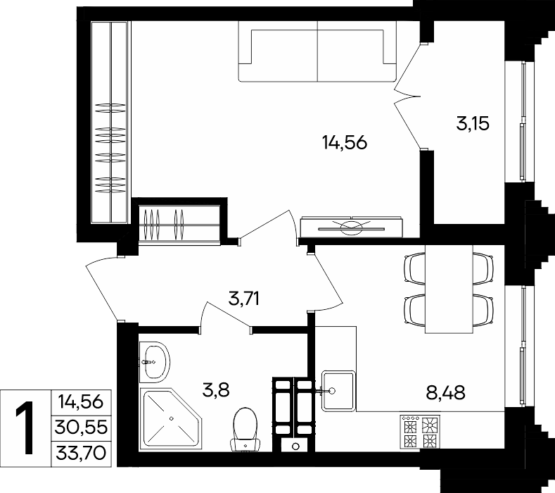 1-к, 33.7 м² · Семисчастье